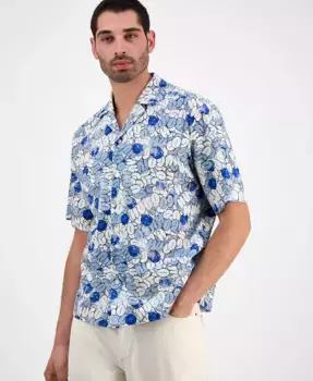 Мужская расслабленная рубашка Eligino с коротким рукавом и абстрактным принтом на пуговицах Hugo Boss, синий