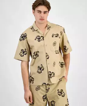Мужская расслабленная рубашка Elligino с цветочным принтом и кнопками, выполненная из эластичной ткани Hugo Boss, коричневый/бежевый