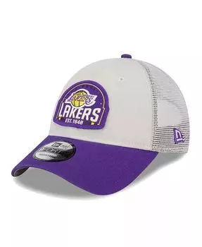 Мужская регулируемая кепка цвета хаки/фиолетового Los Angeles Lakers Throwback Patch Trucker 9Forty New Era, коричневый