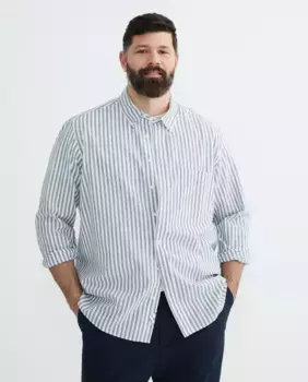 Мужская рубашка, большие размеры, хлопок-лен с полоской Dustin, темно-зеленый