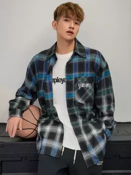 Мужская рубашка, градиентный цвет, клетчатый узор, с вышивкой букв Dazy, синий