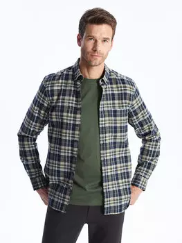 Мужская рубашка из габардина в клетку с длинным рукавом стандартного кроя LCWAIKIKI Classic, зеленый плед