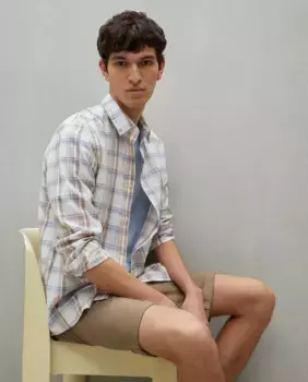 Мужская рубашка из льна и хлопка в клетку с длинными рукавами Easy Wear, синий