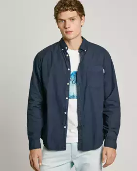 Мужская рубашка из поплина классического кроя, однотонная Pepe Jeans, тёмно-синий