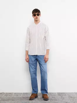 Мужская рубашка из поплина с длинным рукавом и воротником обычного кроя LCW Casual, бежевый полосатый