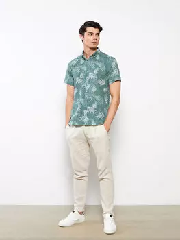 Мужская рубашка из поплина с коротким рукавом Slim Fit с рисунком LCW Vision, темно-зеленый с принтом