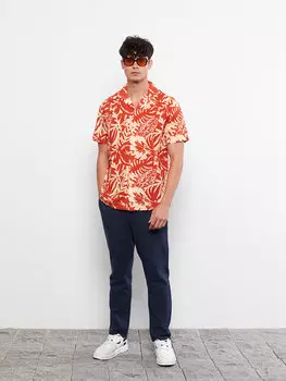 Мужская рубашка из поплина с коротким рукавом и воротником обычного кроя с узором LCW Casual, бледно-оранжевый с принтом