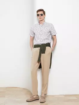 Мужская рубашка из поплина с коротким рукавом Slim Fit с рисунком LCW Vision, бежевый