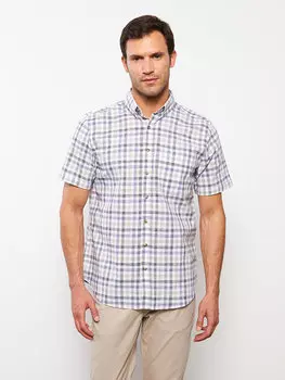 Мужская рубашка из поплина в клетку с коротким рукавом стандартного кроя LCWAIKIKI Classic, бежевый плед