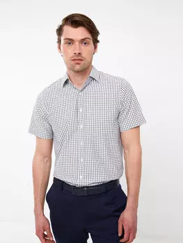 Мужская рубашка из поплина в клетку с коротким рукавом стандартного кроя LCWAIKIKI Formal, серый плед