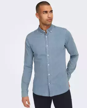 Мужская рубашка из шамбре с длинными рукавами Only & Sons, синий