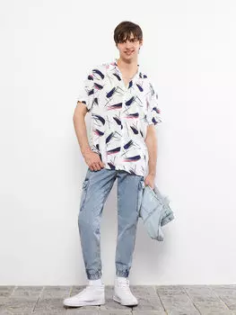 Мужская рубашка из вискозы с коротким рукавом и узором, классический крой LCW Casual