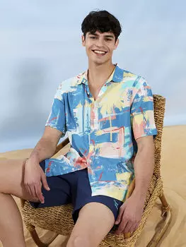 Мужская рубашка из вискозы с коротким рукавом и узором, классический крой Xside