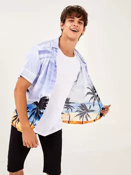 Мужская рубашка из вискозы с принтом и коротким рукавом, классический крой Xside