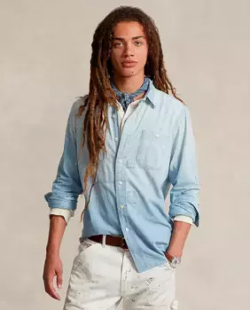 Мужская рубашка классического кроя из хлопка с накладными карманами Polo Ralph Lauren, голубой