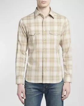 Мужская рубашка на пуговицах в клетку в стиле вестерн TOM FORD, цвет Combo Sand