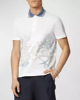 Мужская рубашка-поло пике с праздничным принтом Versace, цвет White Print