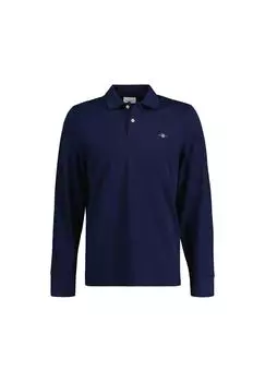 Мужская рубашка-поло - REGULAR SHIELD LONGSLEEVE PIQUE RUGGER, длинный рукав, логотип GANT, синий