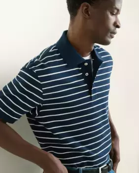 Мужская рубашка поло с короткими рукавами и декоративными полосками, 100% хлопок Emidio Tucci, тёмно-синий