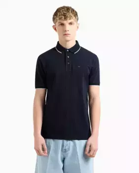 Мужская рубашка-поло с короткими рукавами из пике Emporio Armani, тёмно-синий