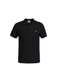 Мужская рубашка-поло - SLIM SHIELD PIQUE POLO, короткие рукава, планка на пуговицах, логотип GANT, черный