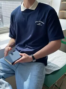 Мужская рубашка-поло «Снова в школу» и контрастным воротником с буквенным рисунком Dazy, темно-синий