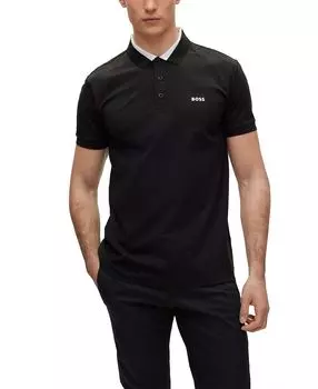 Мужская рубашка поло узкого кроя из эластичного хлопка со вставками с логотипом Hugo Boss, черный