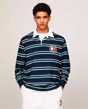 Мужская рубашка-поло в стиле регби с полосатым принтом Tommy Jeans, тёмно-синий
