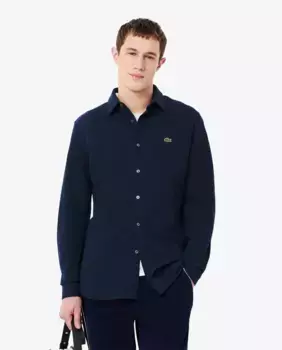 Мужская рубашка приталенного кроя из хлопкового пике с длинными рукавами Lacoste, тёмно-синий