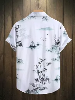 Мужская рубашка произвольного кроя Homme, узор бамбука, лодки и птицы, короткий рукав Manfinity, белый