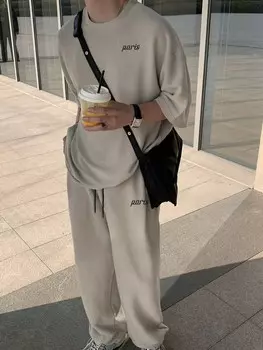 Мужская рубашка с буквенным узором Homme, короткие рукава и длинные брюки, повседневный комплект из двух предметов Manfinity, абрикосовый