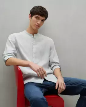 Мужская рубашка с длинным рукавом из льна и хлопка в полоску Easy Wear, хаки