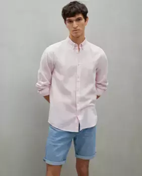 Мужская рубашка с длинным рукавом из льна и хлопка, однотонная Easy Wear, розовый