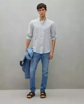 Мужская рубашка с длинным рукавом из льна и хлопка в полоску Easy Wear, хаки