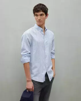 Мужская рубашка с длинным рукавом из льна и хлопка в полоску Easy Wear, голубой
