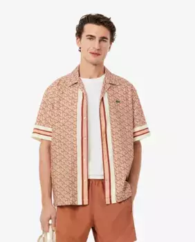 Мужская рубашка с коротким рукавом и монограммой прямого покроя Lacoste, бежевый