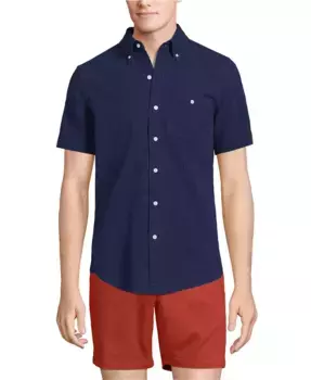 Мужская рубашка с коротким рукавом из ткани в полоску Lands' End, синий