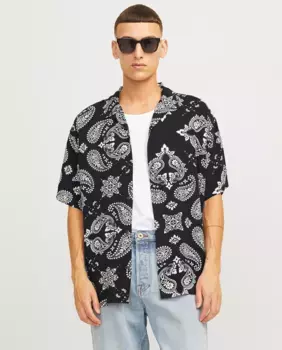 Мужская рубашка с короткими рукавами с принтом и застежкой на пуговицы Jack & Jones, черный