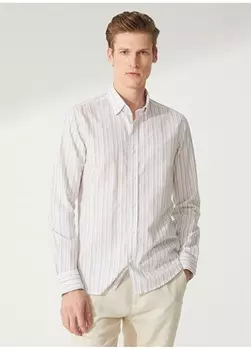 Мужская рубашка Slim Fit с воротником на пуговицах цвета экрю и меланжа Beymen Business