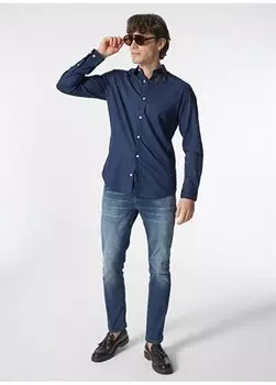 Мужская рубашка Slim Fit темно-синего цвета JJELINEN BLEND SHIRT LS SN Jack & Jones, темно-синий