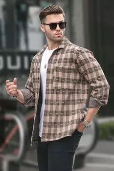 Мужская рубашка стандартного кроя в антрацитовую клетку 6714 MADMEXT, бежевый