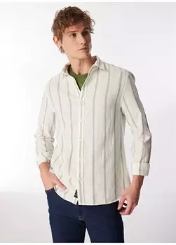 Мужская рубашка стандартного кроя в зеленую полоску M0210840-71470_STRAPPED SHIRT Mavi