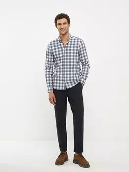 Мужская рубашка в клетку обычного кроя с длинным рукавом SOUTHBLUE, дополнение темно-синего цвета