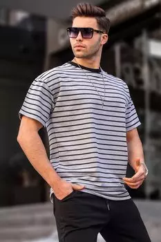 Мужская серая базовая футболка в полоску с круглым вырезом 6064 MADMEXT