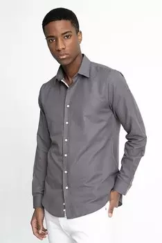 Мужская серая рубашка Slim Fit с длинными рукавами и текстурой Добби с окантовкой TUDORS