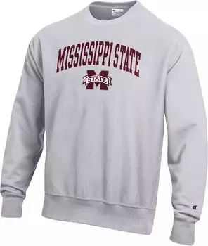 Мужская серая толстовка с круглым вырезом обратного плетения Champion Mississippi State Bulldogs