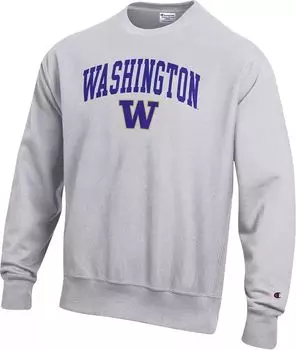 Мужская серая толстовка с круглым вырезом с обратным плетением Champion Washington Huskies