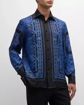 Мужская шелковая рубашка с принтом медальонов Stefano Ricci, цвет Blue Black