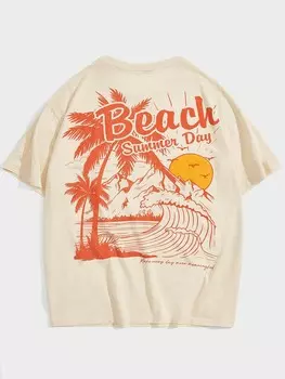 Мужская широкая футболка Chillmode с буквами и пляжным узором, заниженная линия плеча Manfinity, кремовый/бежевый