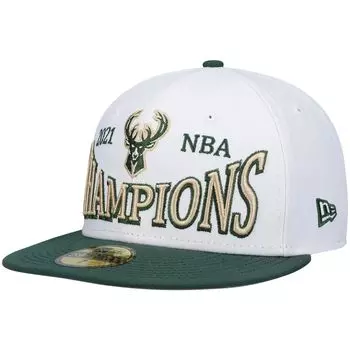 Мужская шляпа New Era White/Hunter Green Milwaukee Bucks Arch Champs 59FIFTY